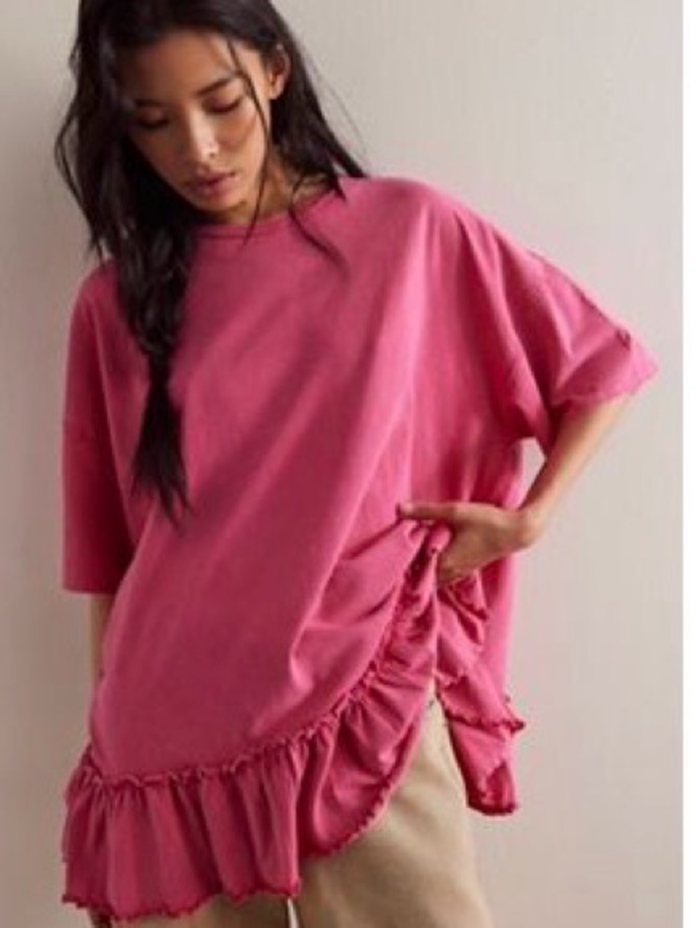 We The Free Why Yes Pink Oversized Short Sleeve Top with Ruffle Hem